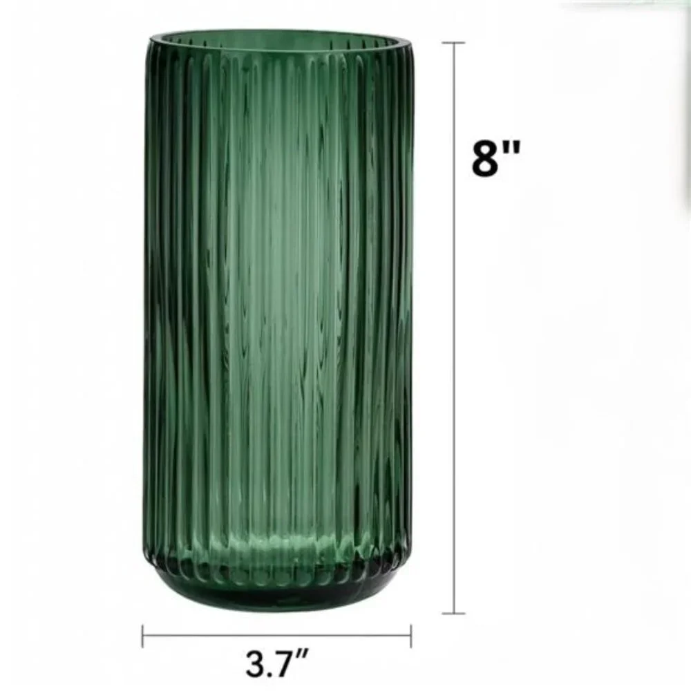 NEW West Elm Green Glass Boho Ribbed Cylinder Flower Vase Planter Decor - 8